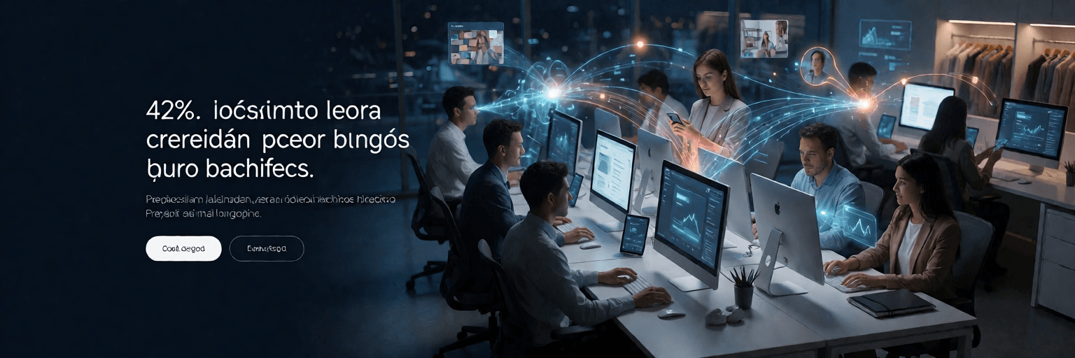 Equipe de atendimento trabalhando em computadores em um ambiente comercial, com fluxos de informação conectando pessoas, telas e canais.