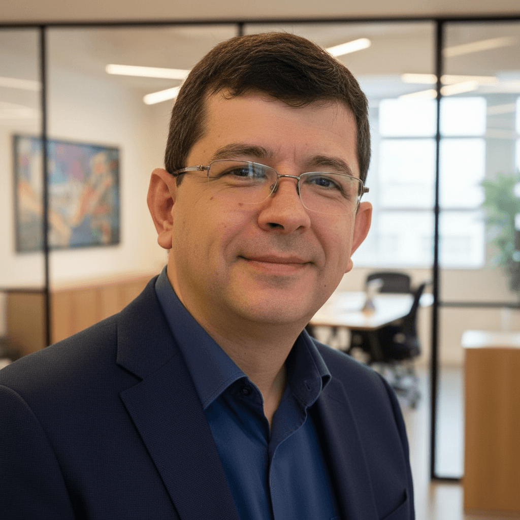 Retrato de John Timóteo Santos em um ambiente corporativo.
